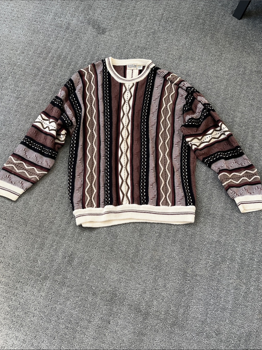 1990’s Vintage Cotton Men's Striped Pattern Crewneck Sweater - Brown & Cream